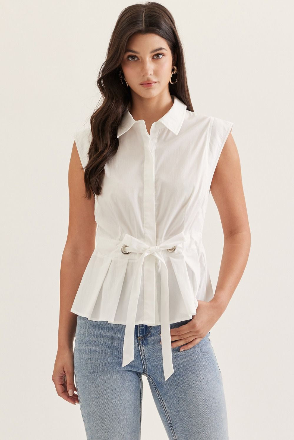 Tie Waist Cap Sleeve Top Off White