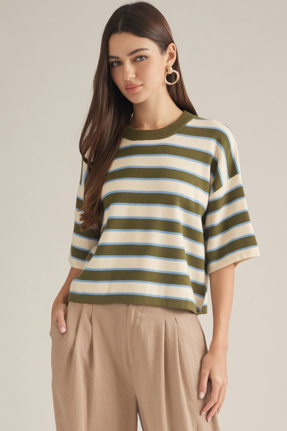Striped Short Sleeve Round-Neck Knit Top Olive