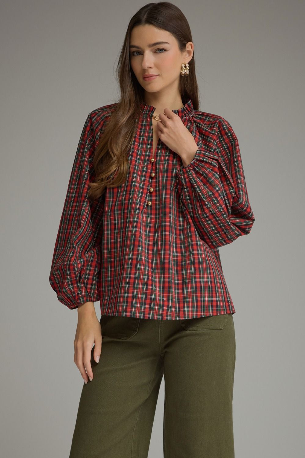 Plaid Ruffled Split-Neck Balloon Sleeve Top Red