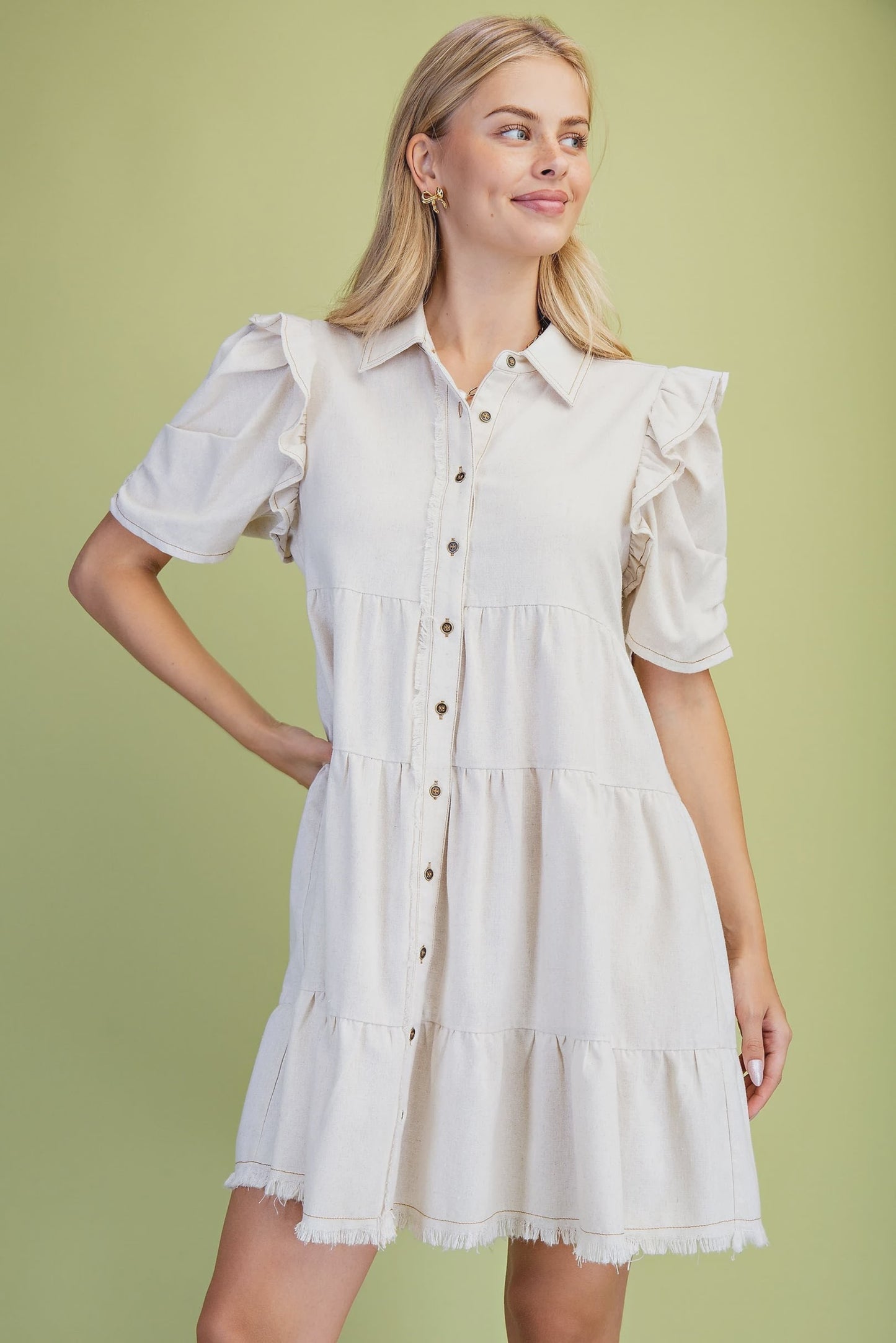 Linen Button Up Frayed Hem Dress Oatmeal