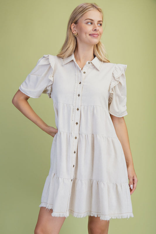 Linen Button Up Frayed Hem Dress Oatmeal
