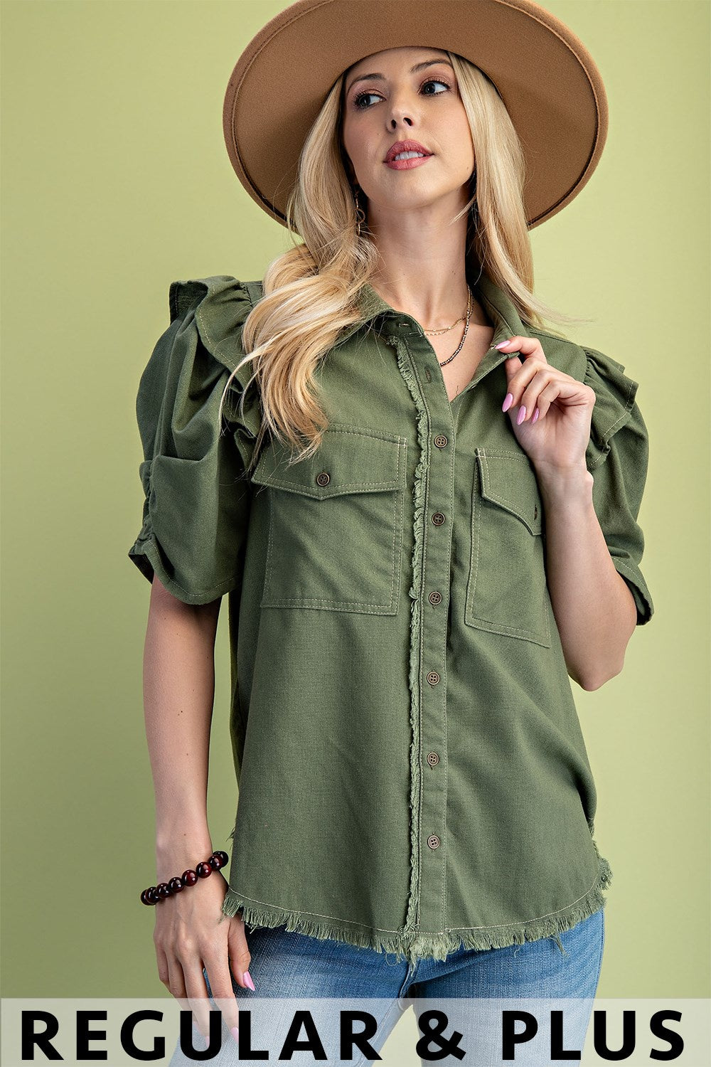 Linen Button Up Frayed Hem Top Olive