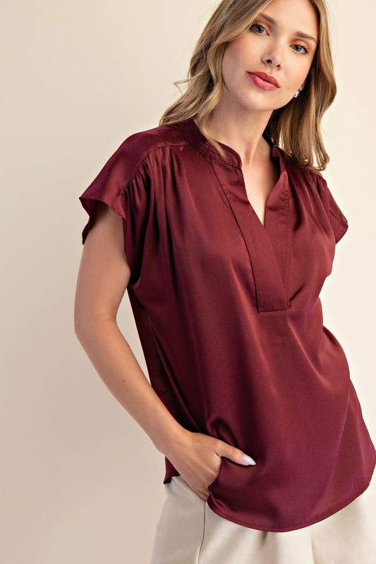 V Neck Drop Satin Blouse Wine