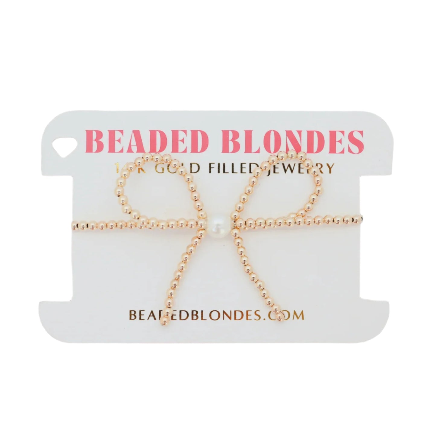 Gold beaded jewelry set on a 'Beaded Blondes' branded card