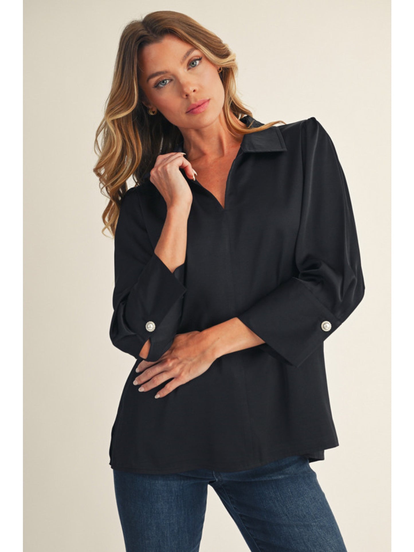 Pearl Cuff Satin Top Black