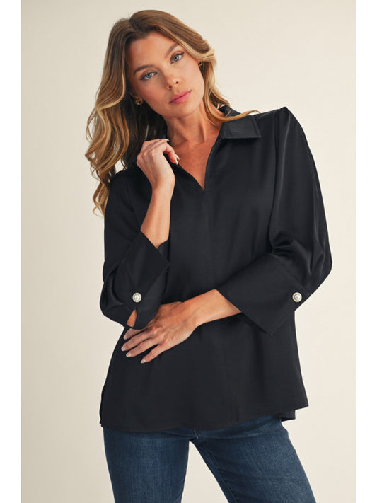 Pearl Cuff Satin Top Black