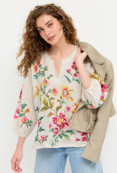 Split Neck Linen Blouse Ecru Miraze