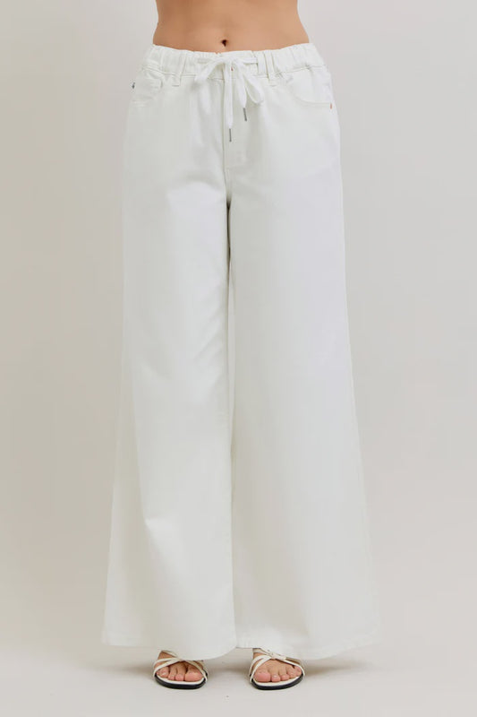 Judy Blue HW Featherweight Palazzo Rose Gold Trim White Pant