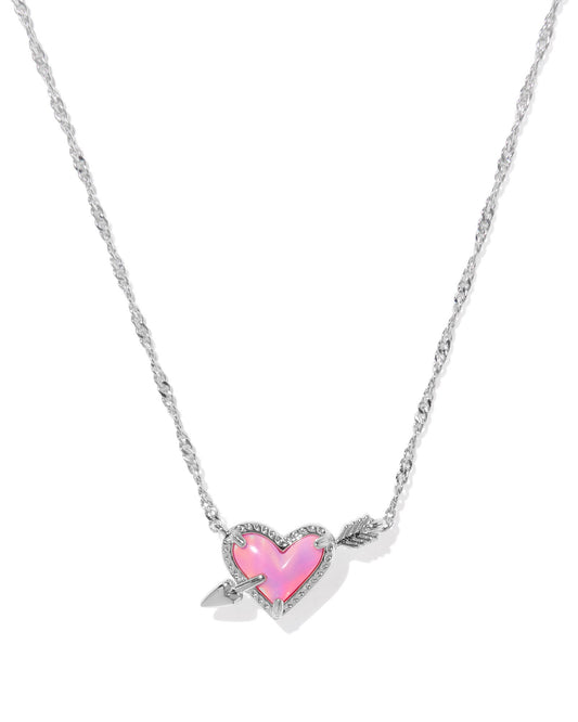 Ari Heart Arrow Pendant Necklace Silver Pink Opalescent Resin