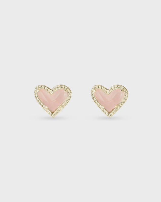 Ari Heart Stud Earrings Gold Rose Quartz