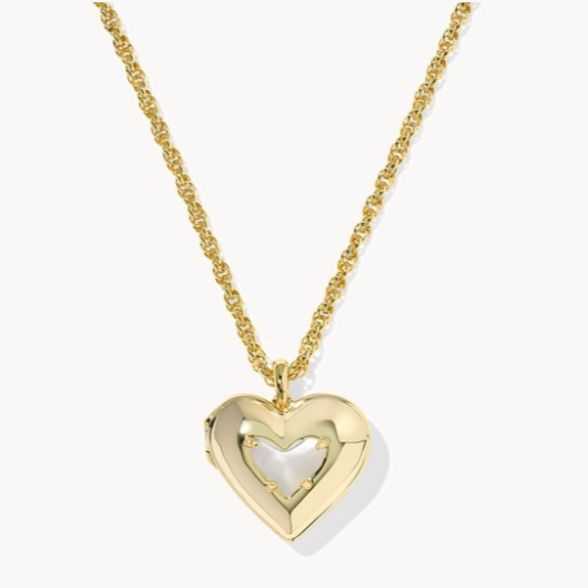 Ari Puffy Heart Locket Short Pendant Necklace Gold Ivory MOP