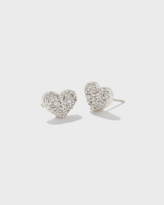Ari Pave Crystal Heart Earrings Silver White Crystal