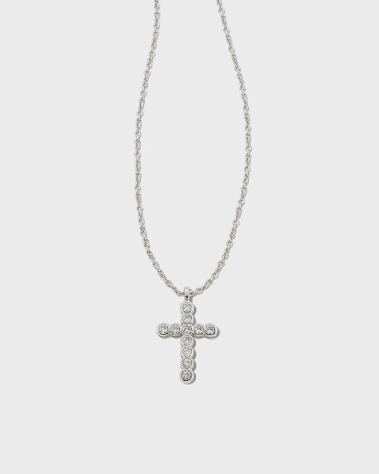 Cross Crystal Pendant Necklace  Silver White Crystal
