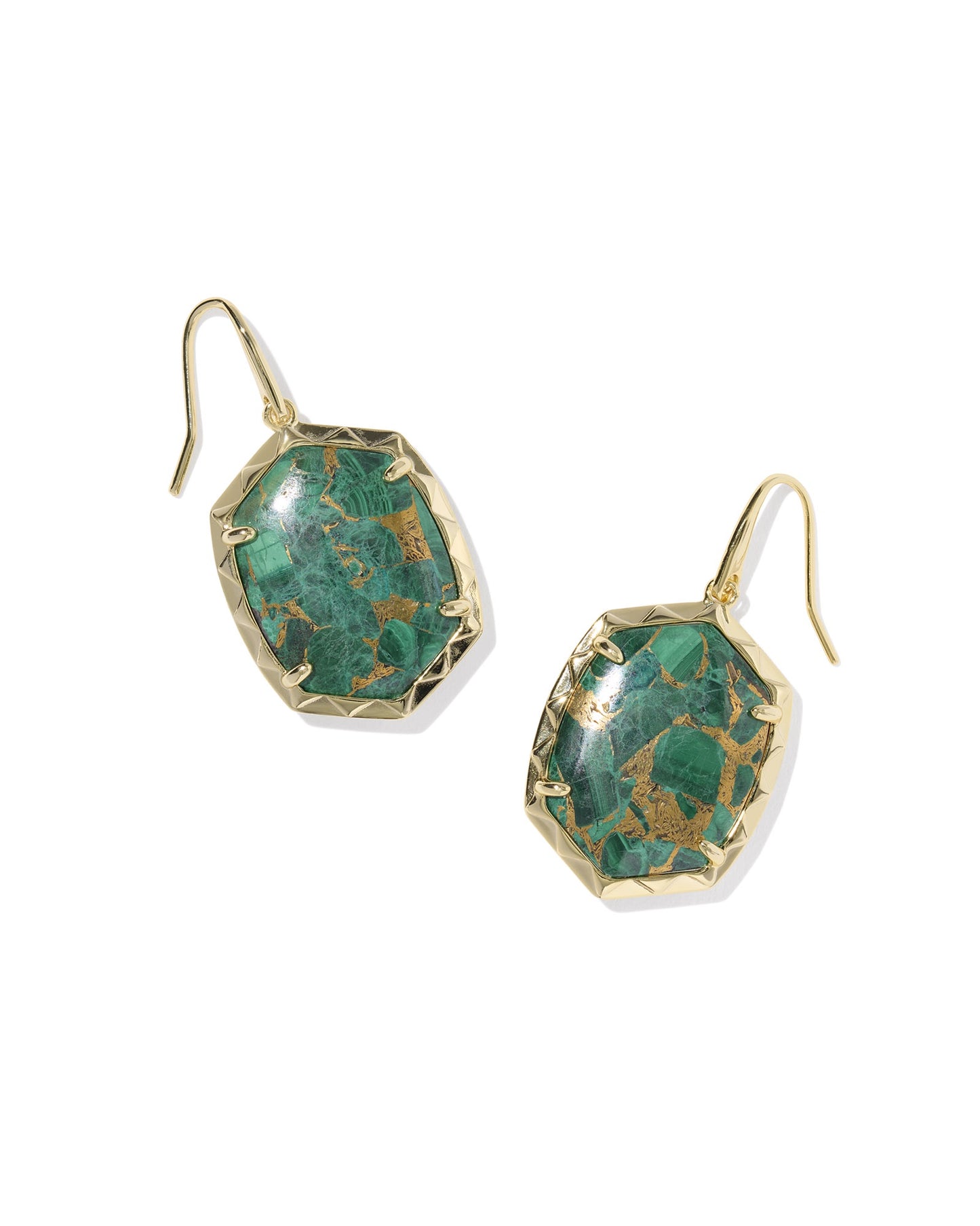Daphne Drop Earrings Gold Bronze Veined Green Malachite