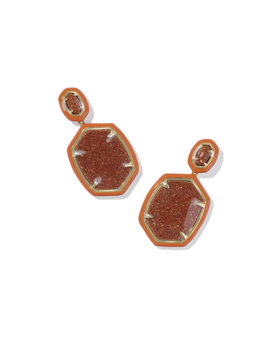 Daphne Enamel Frame Drop Earrings Gold Orange Goldstone