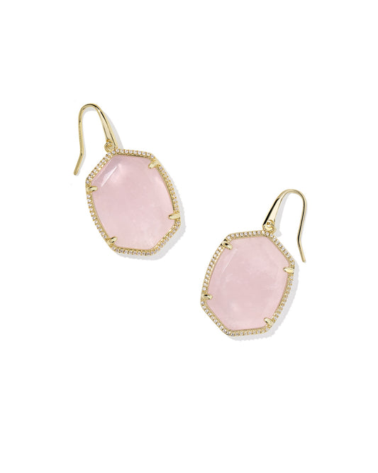 Daphne Pave Frame Drop Earrings Gold Rose Quartz