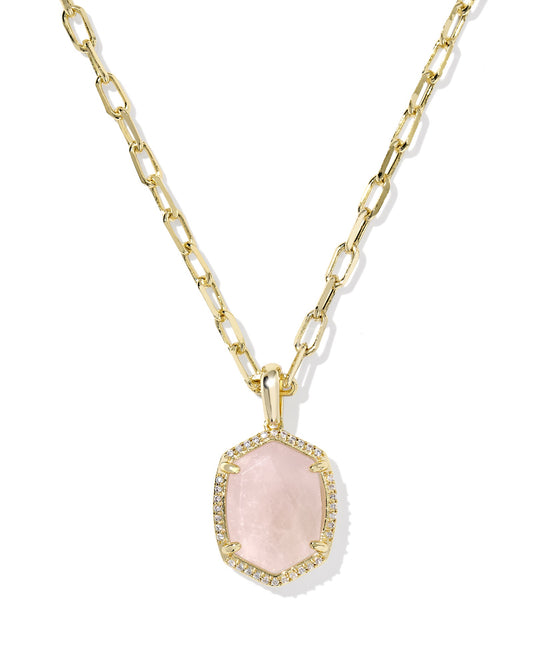 Daphne Pave Frame Short Pendant Necklace Gold Rose Quartz
