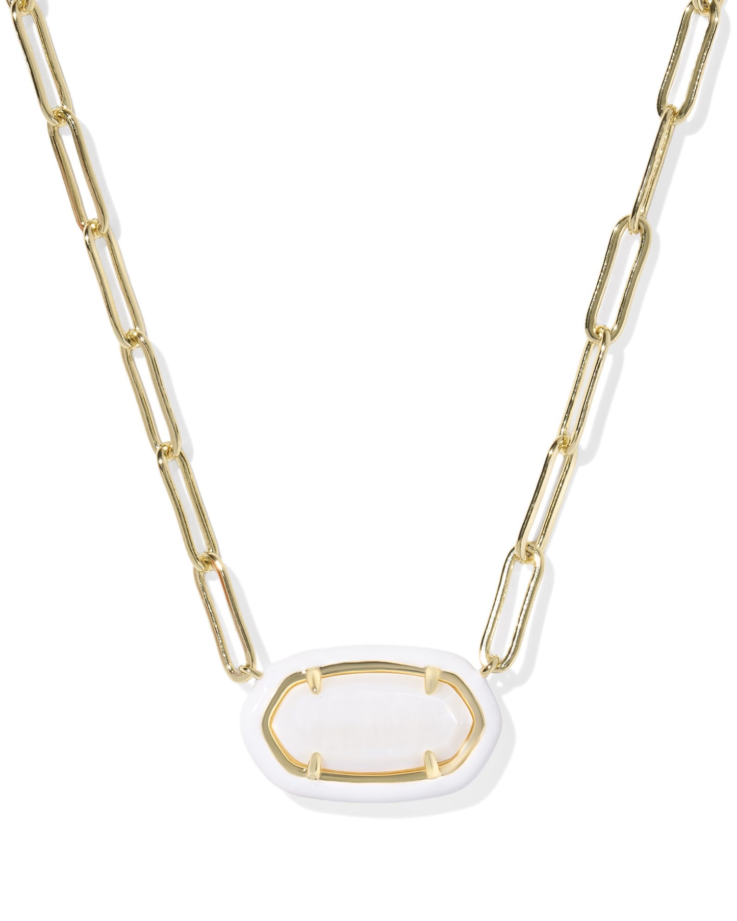 Elisa Enamel Frame Paperclip Necklace Gold White MOP