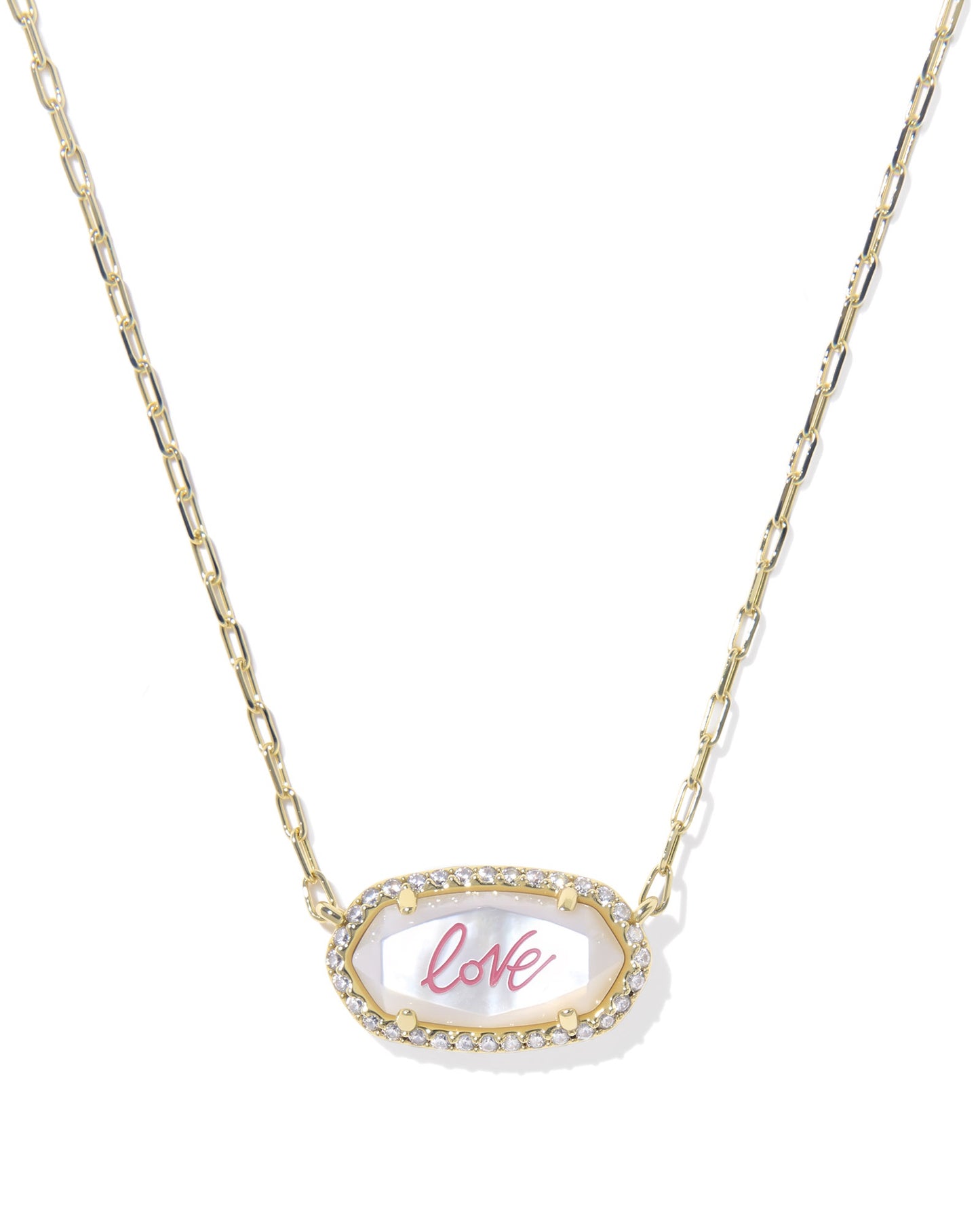 Elisa Pave Frame Short Pendant Gold Ivory MOP Love Script