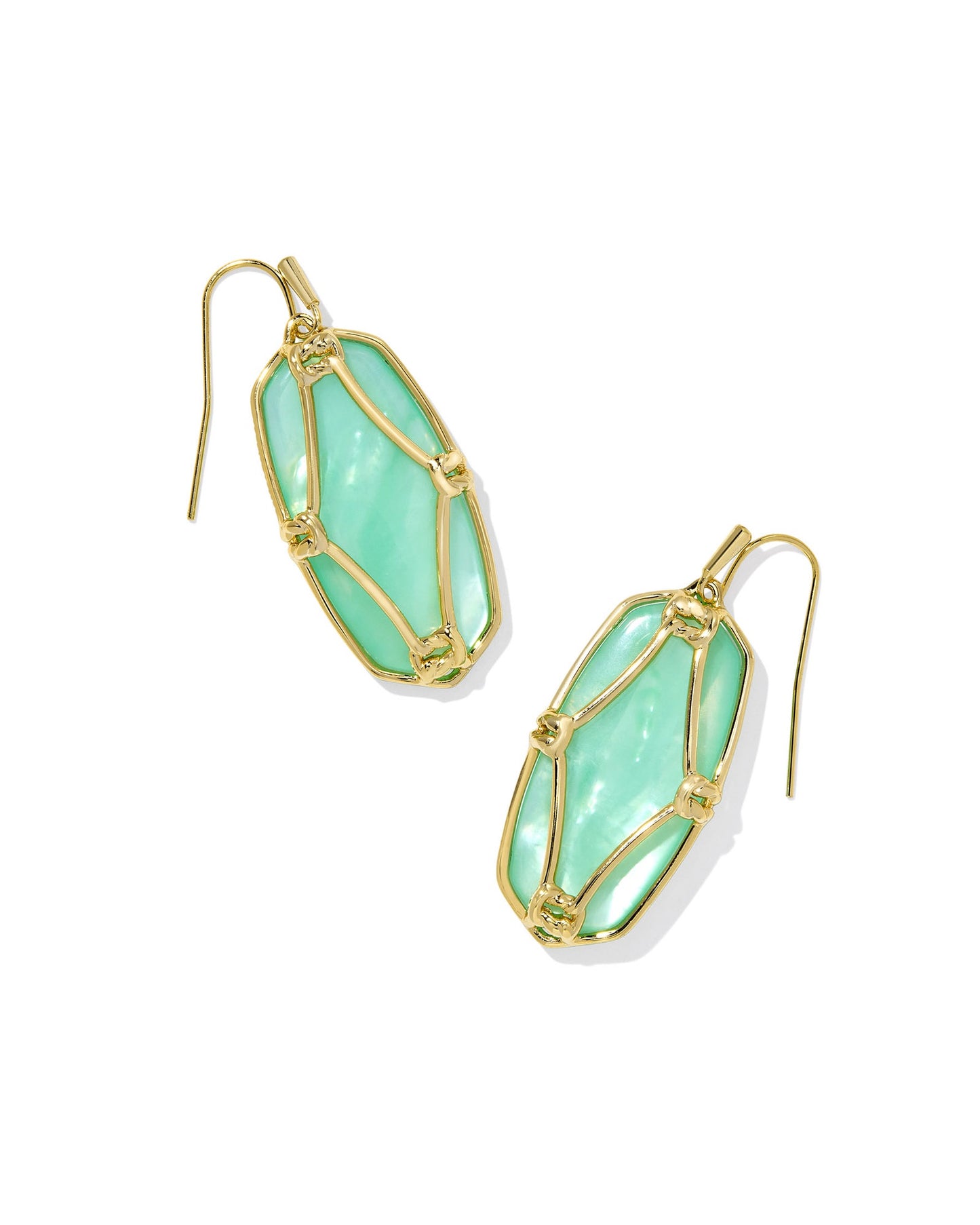 Elle Lattice Frame Drop Earrings Gold Lt Green MOP