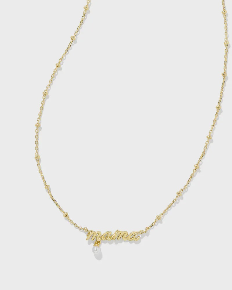 Mama Script Pendant Necklace Gold White Pearl
