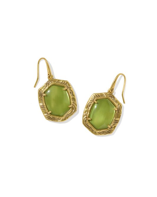 Tiger Striped Daphne Drop Earrings Vintage Gold Chartreuse Green Mother of Pearl