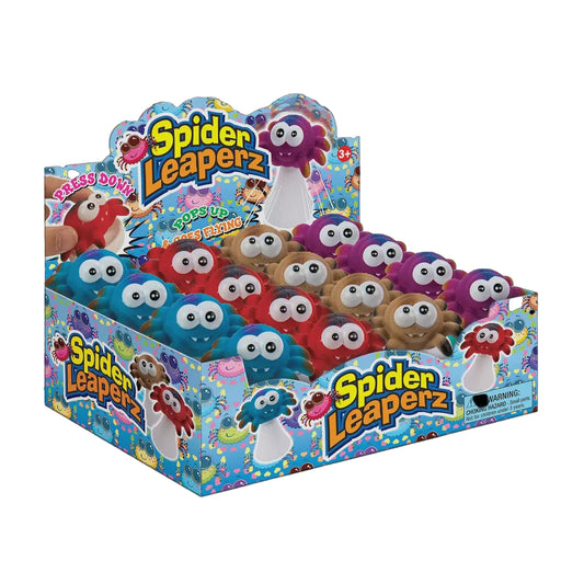 Box of Spider Leaperz toys with colorful packaging on a white background