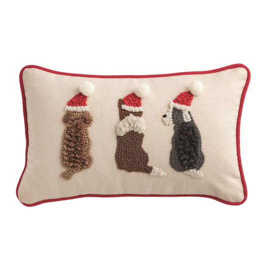Triple Christmas Dogs Hooked Wool Pillow