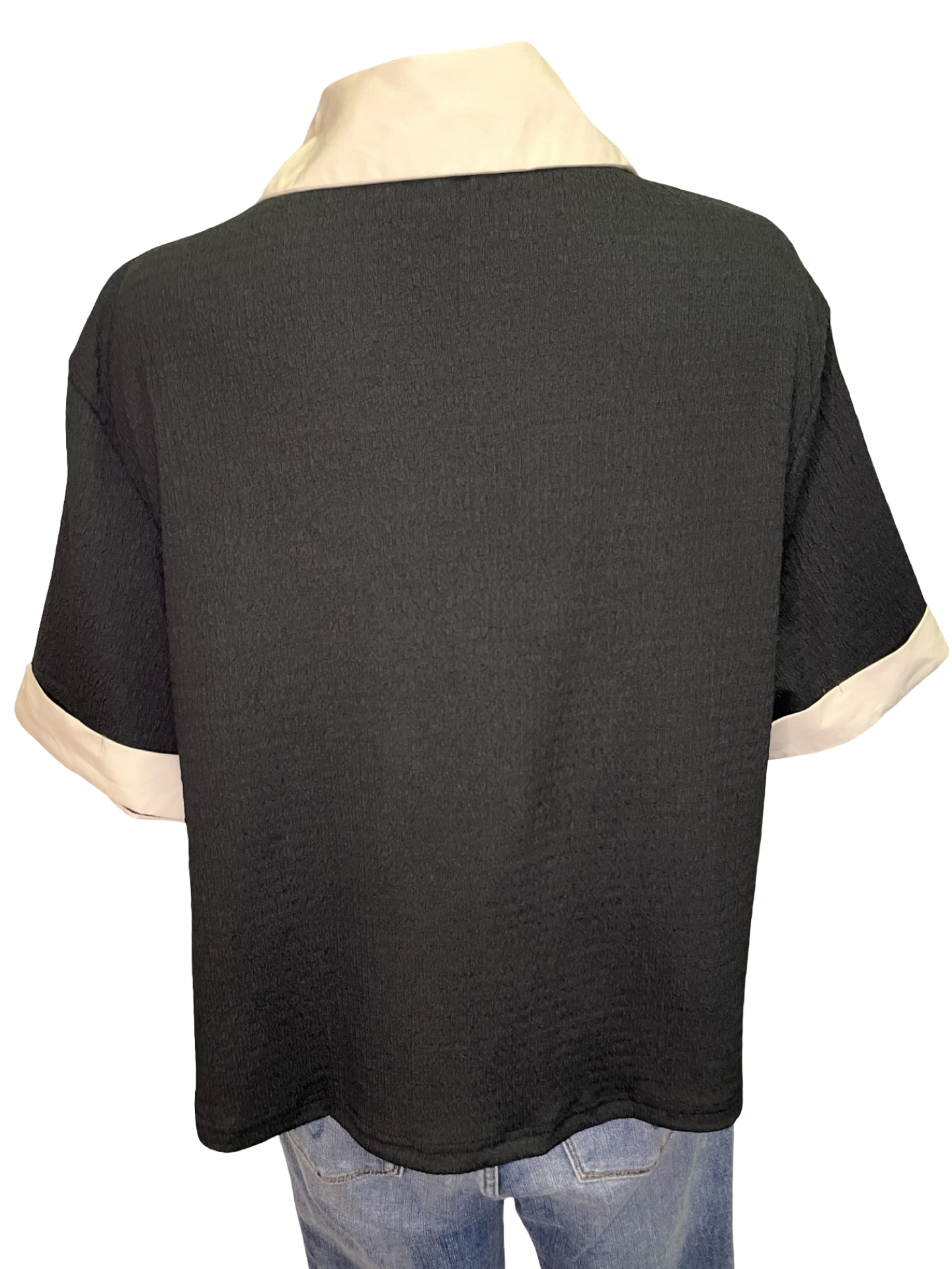 Collar V Neck Short Sleeve Top Black