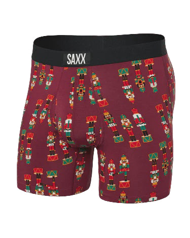 Maroon boxer briefs with nutcracker pattern and Saxx branding on a white background