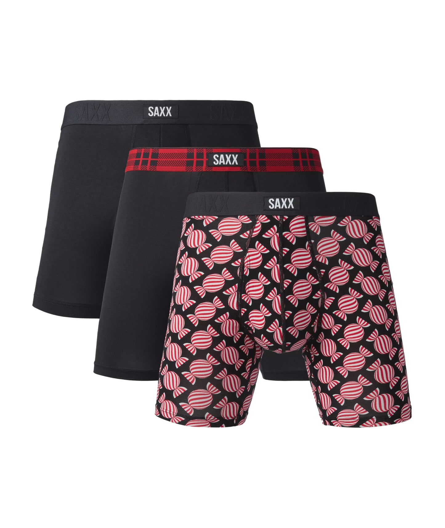 Three pairs of SAXX underwear on a white background