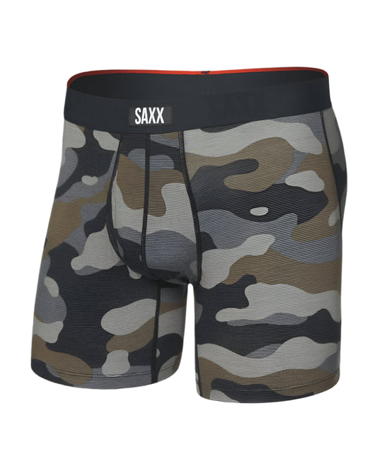 Camouflage boxer briefs with 'SAXX' branding on a white background