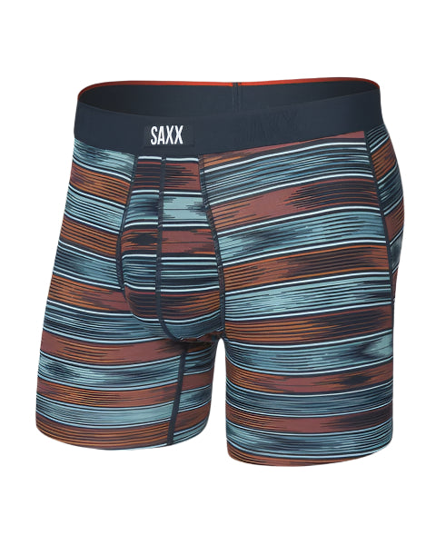Striped boxer briefs with SAXX branding on a white background