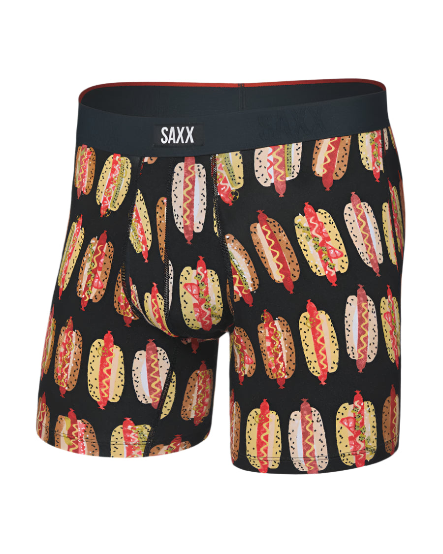 Boxer briefs with hot dog pattern on a white background, featuring the brand 'SAXX'.