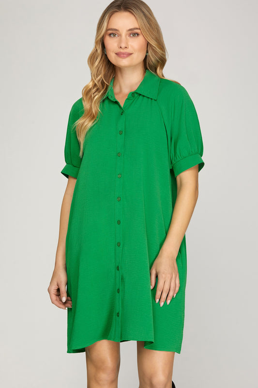 Short Sleeve Button Down Mini Dress Green