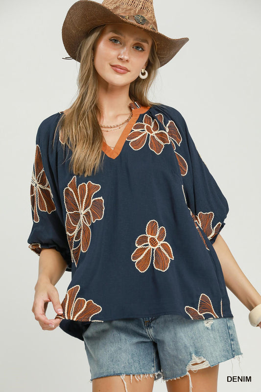 Floral Embroidered V Neck Relaxed Top Denim