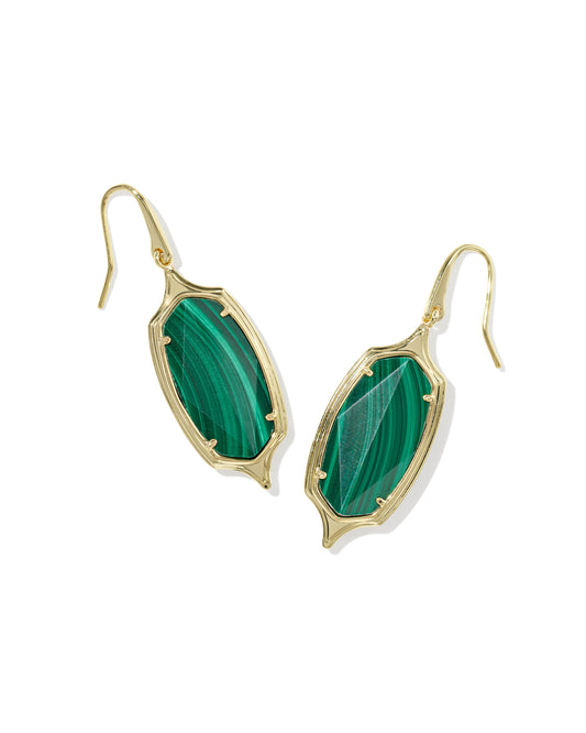 Dani Stepped Frame Drop Earrings Gold Green Malachite