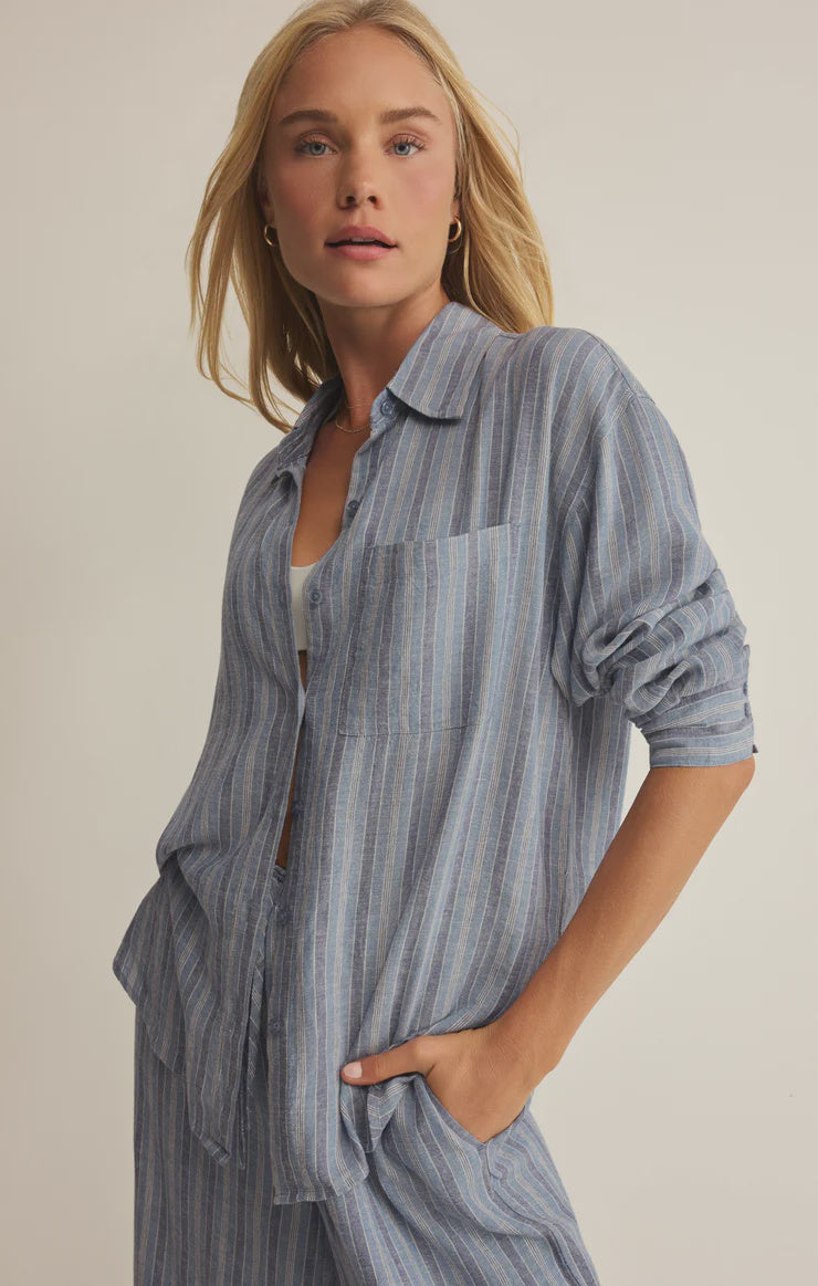 Perfect Striped Button Up Top Indigo