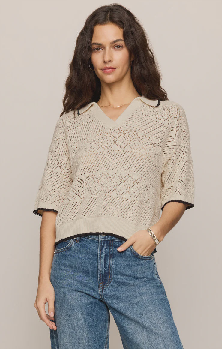 Denman Crochet Polo Sweater Sandstone
