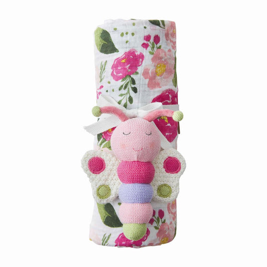 Floral Rattle & Swaddle Set