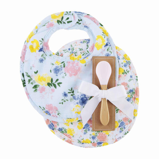 Blue Floral Muslin Bib & Spoon Set