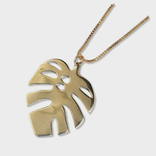 Flora Monstera Drop Pendant Necklace Brass