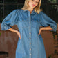 Button Down Puff Sleeve Denim Mini Dress