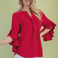 Ruffled Bell Sleeve Front Pleat Detail Top Red