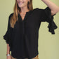 Ruffled Bell Sleeve Front Pleat Detail Top Black