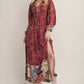 Mixed Print Front Tie Maxi Dress Marsala