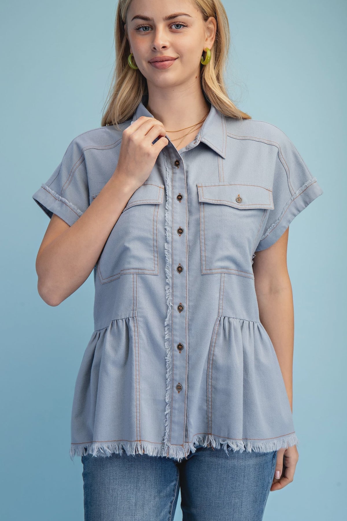 Linen Button Up Frayed Hem Top Lt Denim