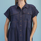 Linen Button Up Frayed Hem Top Navy Blue
