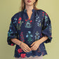 Scalloped Edge V Neck Balloon Sleeve Blouse Navy Mix