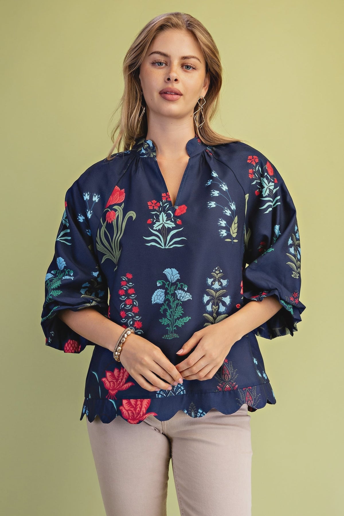 Scalloped Edge V Neck Balloon Sleeve Blouse Navy Mix